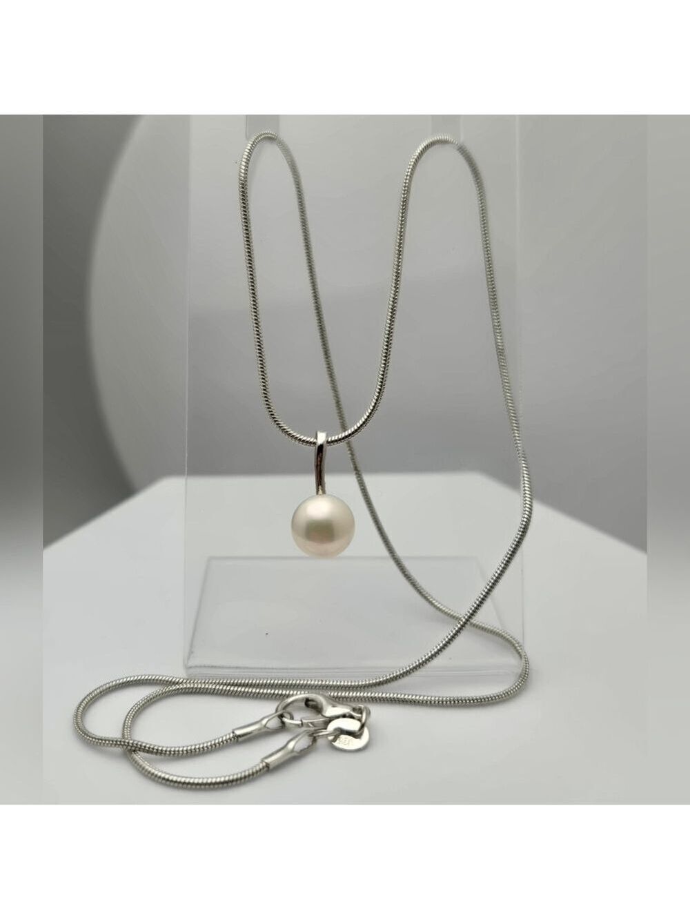 Freshwater White Pearl Necklace 18" Silver Plated Snake Chain Minimalist Elegant